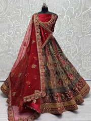 Pretty Multi Color Embroidered Velvet Lehenga Choli With Double Dupatta
