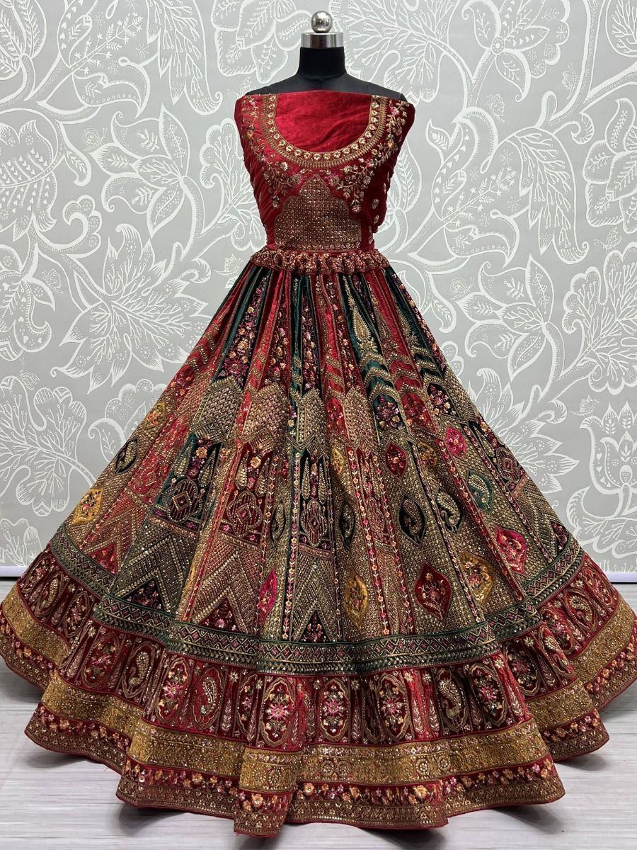 Pretty Multi Color Embroidered Velvet Lehenga Choli With Double Dupatta