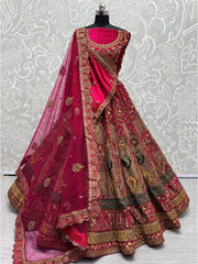 Lovely Hot Pink Embroidered Velvet Lehenga Choli With Double Dupatta