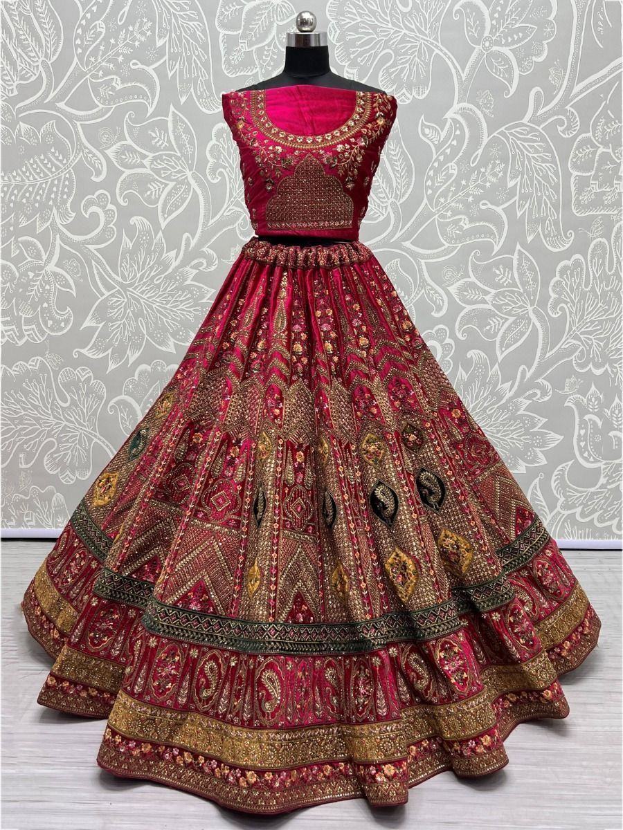 Lovely Hot Pink Embroidered Velvet Lehenga Choli With Double Dupatta