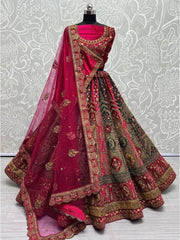 Stupendous Pink Heavy Embroidered Velvet Bridal Lehenga Choli