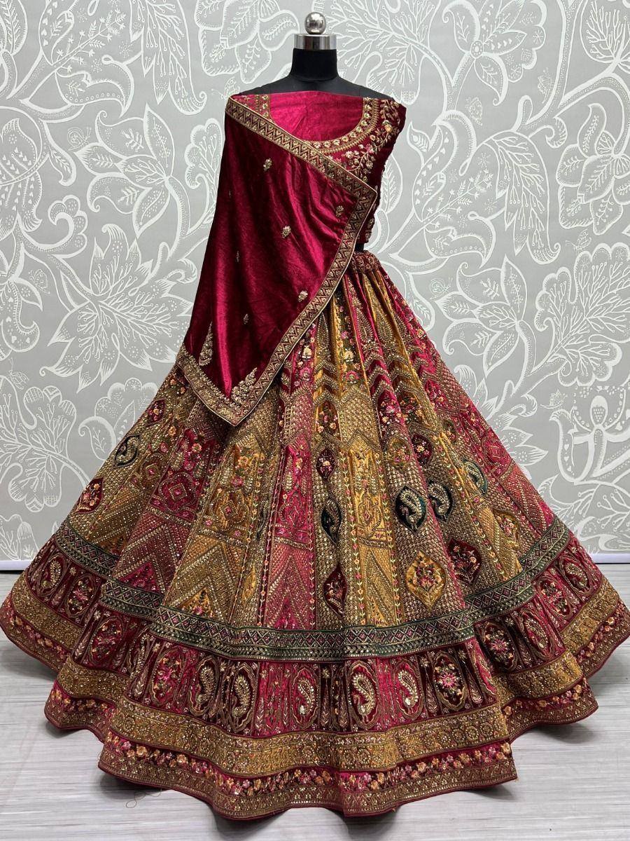 Maroon and gold embroidered lehenga choli with velvet dupatta, perfect for Indian weddings and festive occasions