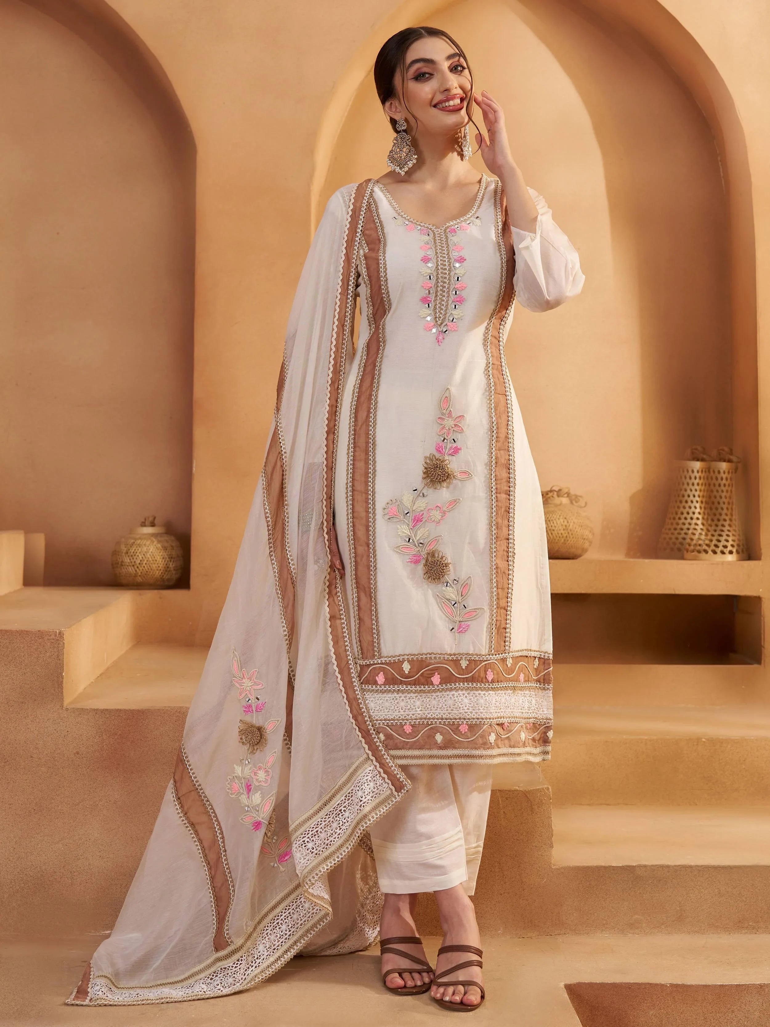 Lavishing Off White Floral Embroidered Cotton Pant Suit With Dupatta