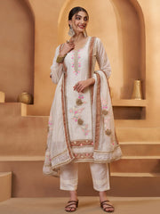 Lavishing Off White Floral Embroidered Cotton Pant Suit With Dupatta