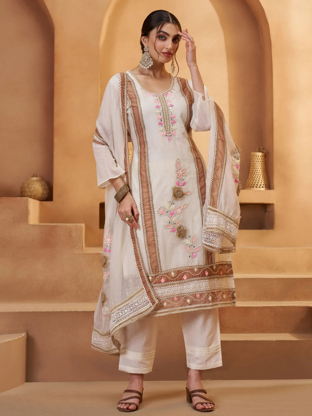 White embroidered salwar kameez with pink floral details and dupatta, Indian ethnic wear