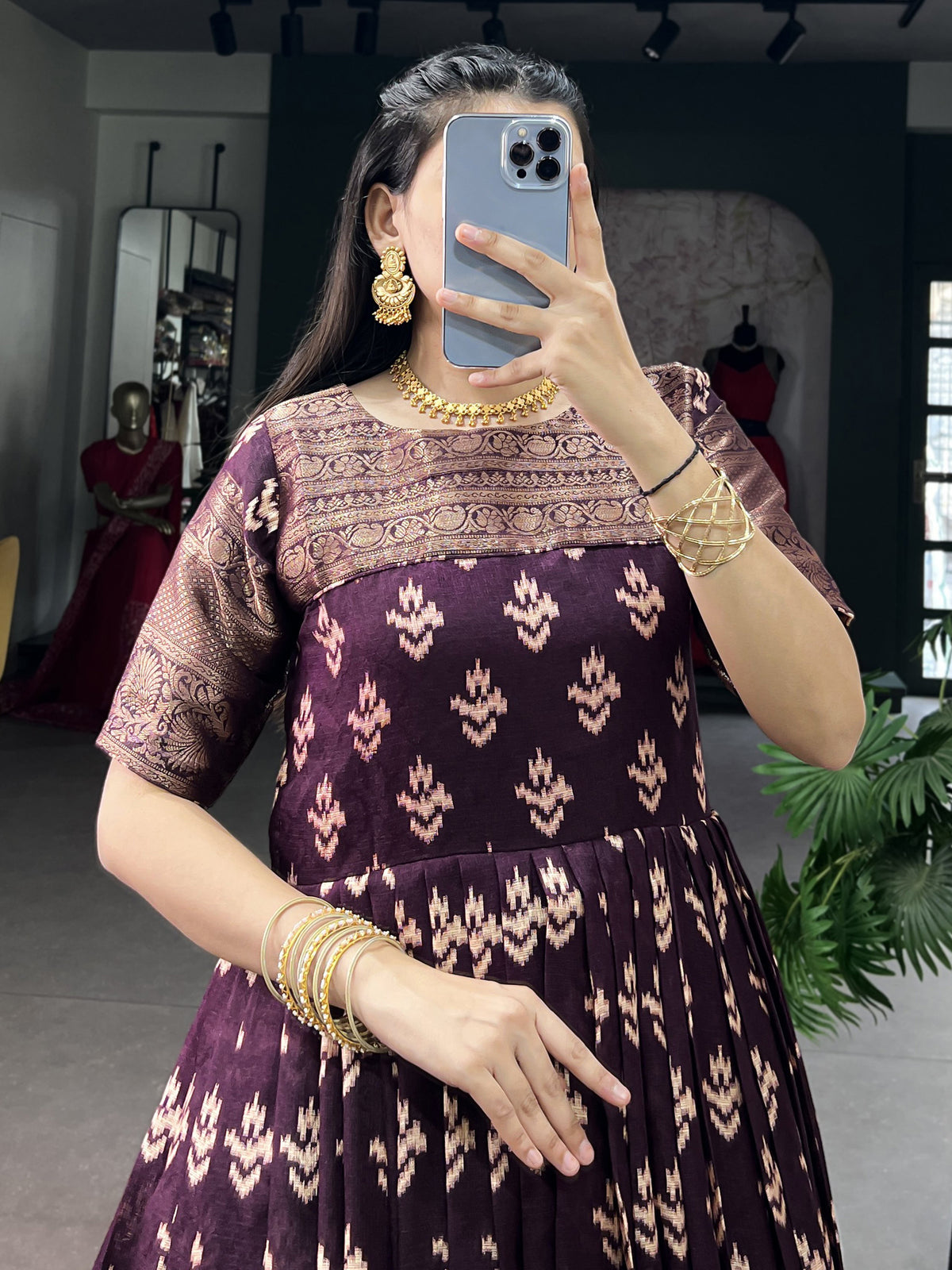 Captivating Wine Zari Weaving Cotton Traditional Gown