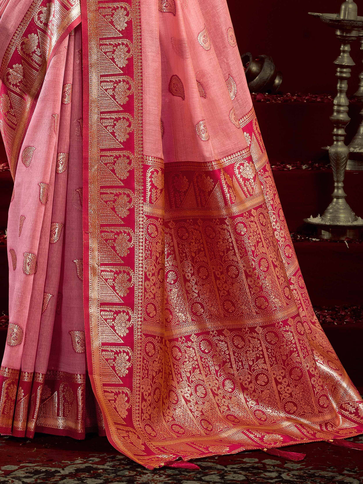 Pink and red designer saree with gold zari embroidery, perfect for Indian ethnic wear occasions