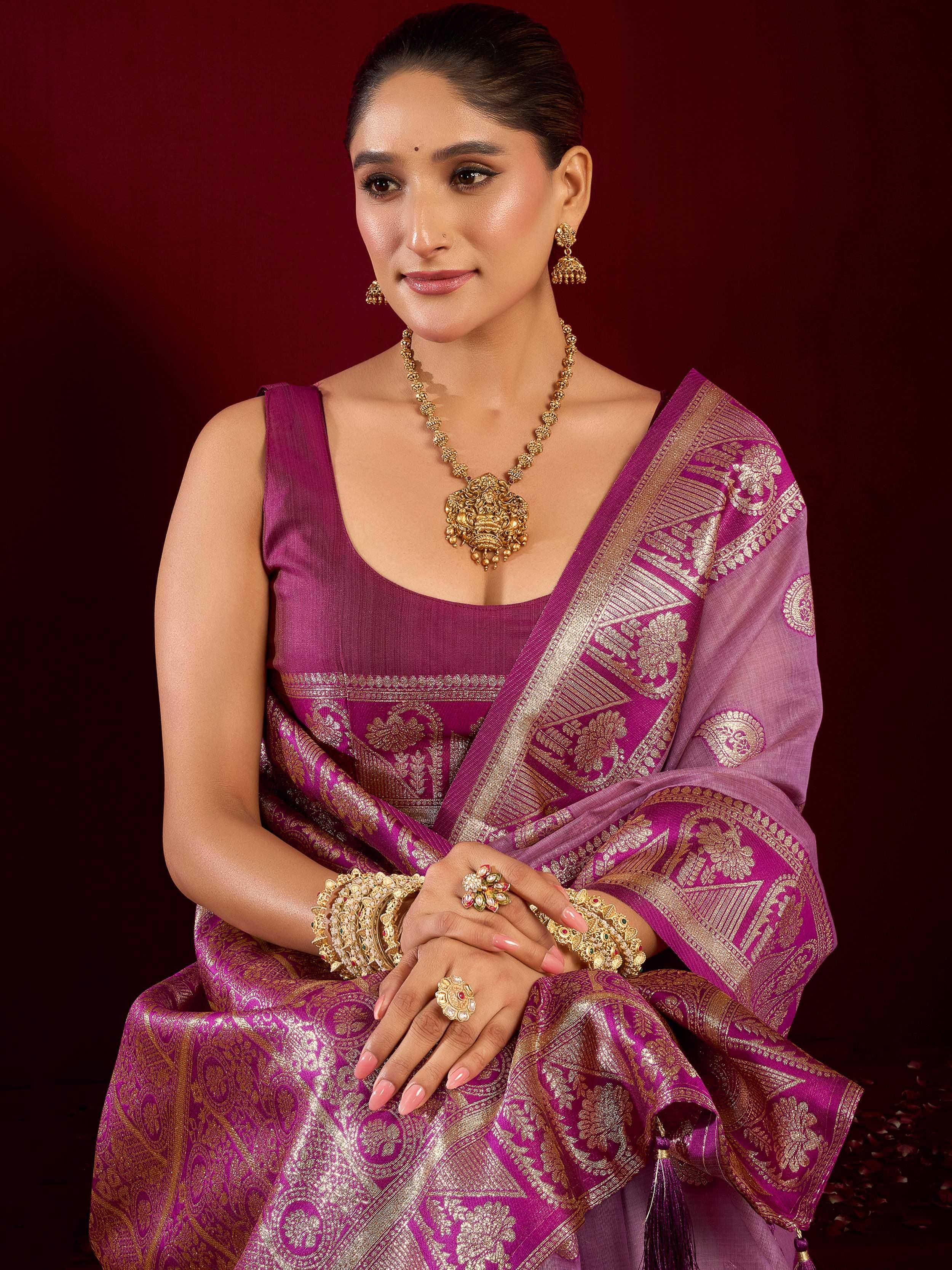 Captivating Purple Zari Weaving Silk Reception Wear Saree With Blouse