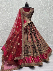Gorgeous Pink Thread Work Velvet Lehenga Choli with Double Dupatta