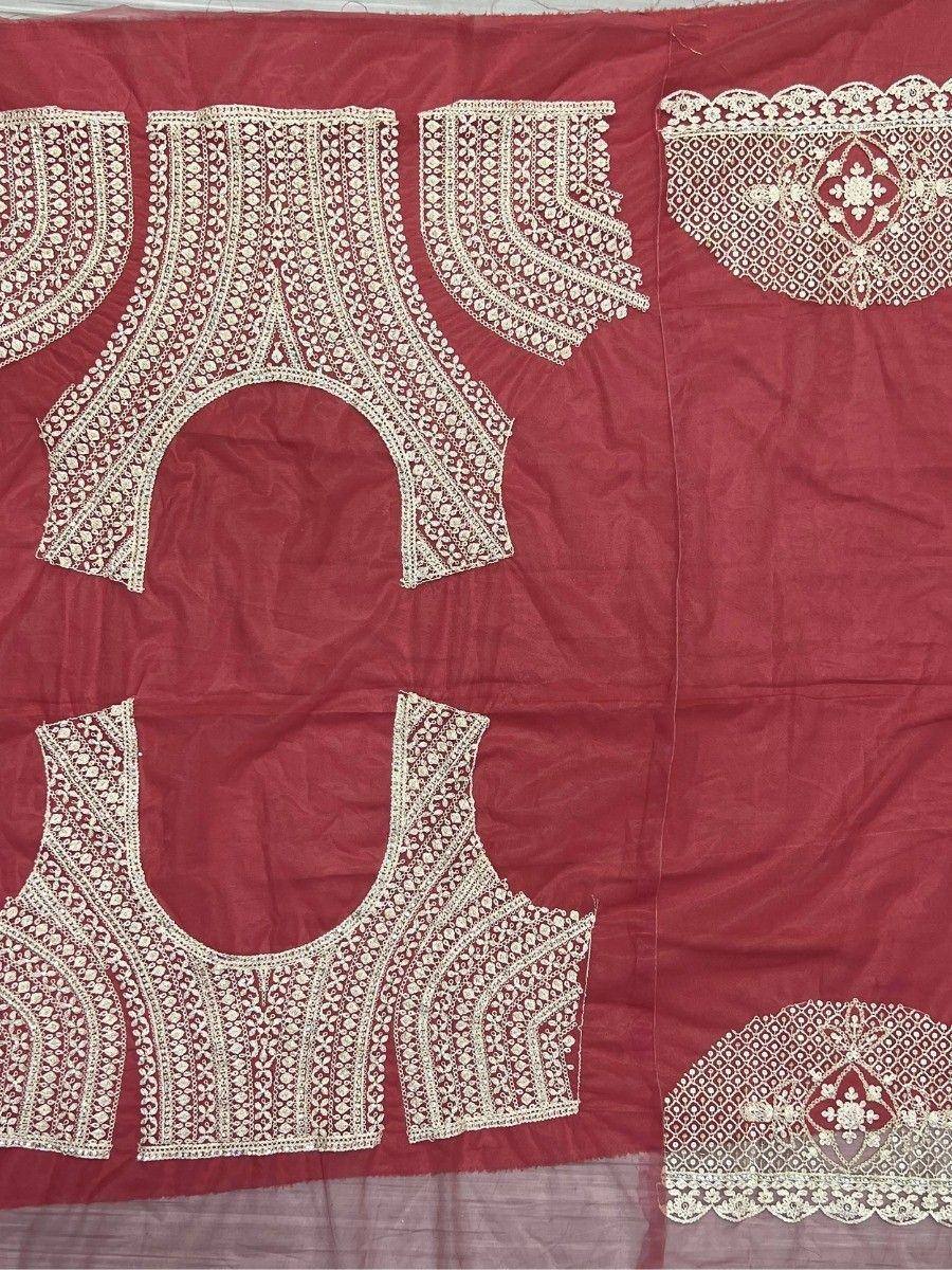Maroon ethnic wear fabric with intricate white embroidery for designer lehenga choli or salwar kameez