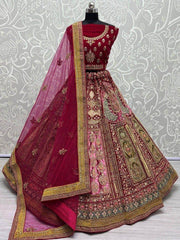 Captivating Maroon Embroidered Velvet Bridal Wear Lehenga Choli