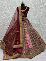 Lovely Maroon Thread Work Velvet Lehenga Choli With Soft Net Dupatta