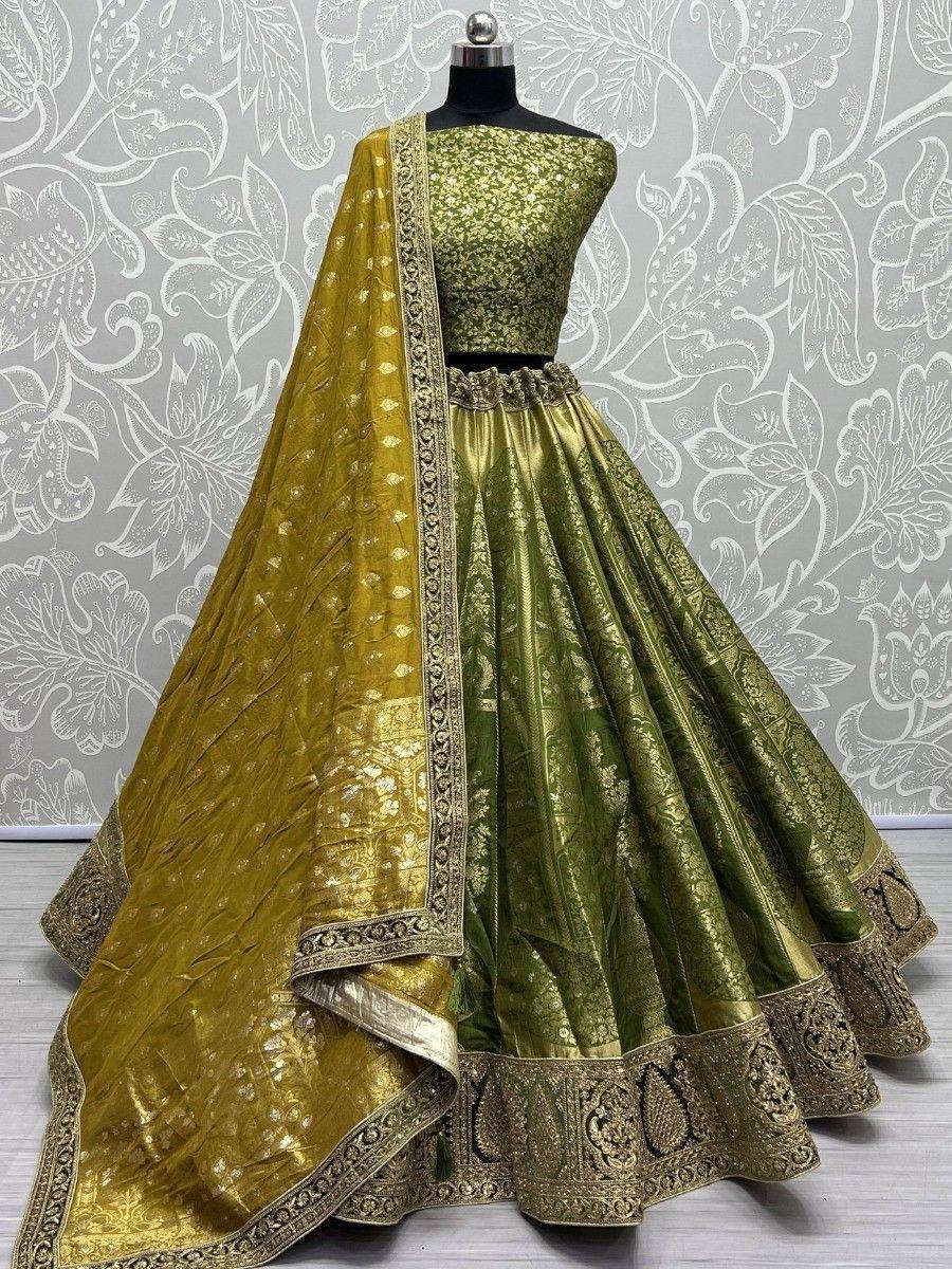 Olive green designer lehenga choli with gold embroidery and matching dupatta, ethnic Indian wear
