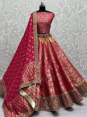 Attractive Pink Zari Woven Banarasi Silk Wedding Lehenga Choli