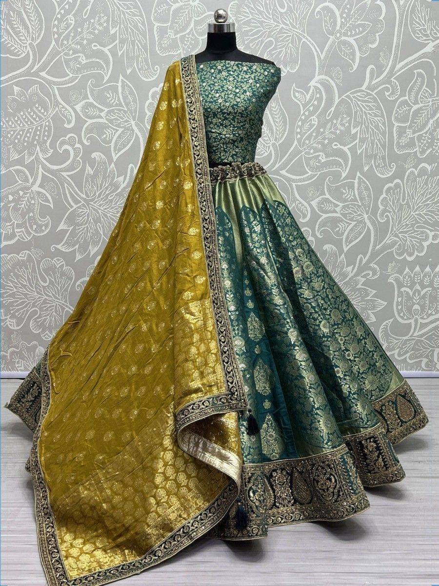 Teal and gold designer lehenga choli with embroidered dupatta, ethnic Indian wear for weddings