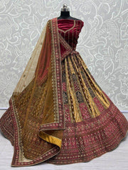 Sweet Mustard & Maroon Sequins Velvet Bridal Wear Lehenga Choli