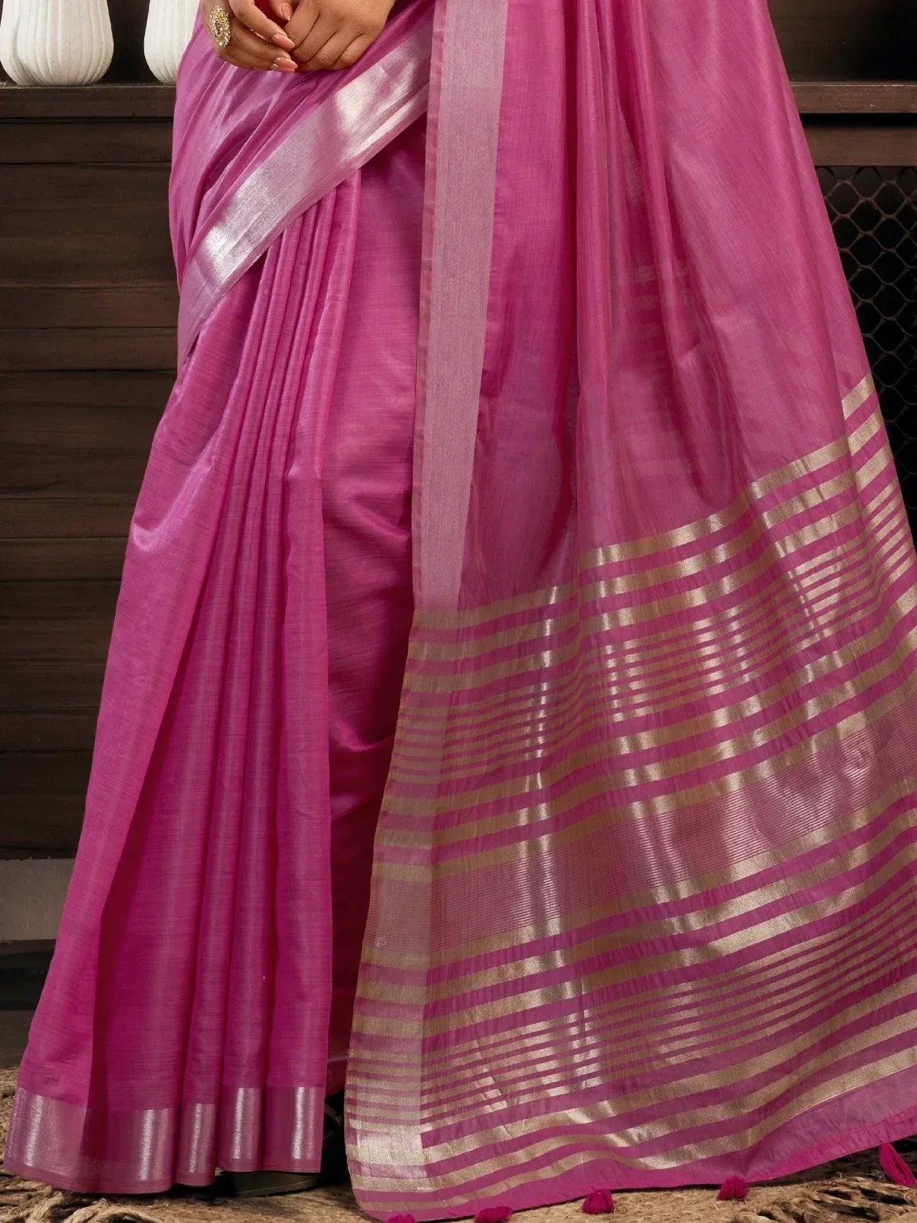 Elegant Pink Zari Weaving Cotton Function Wear Saree With Blouse