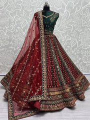 Stunning Maroon Embroidered Velvet Bridal Lehenga Choli With Dupatta
