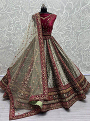 Beautiful Maroon & Pista Green Dori Work Velvet Bridal Lehenga Choli