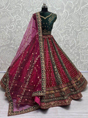 Lovely Pink Multi-Thread Work Velvet Bridal Lehenga Choli With Dupatta