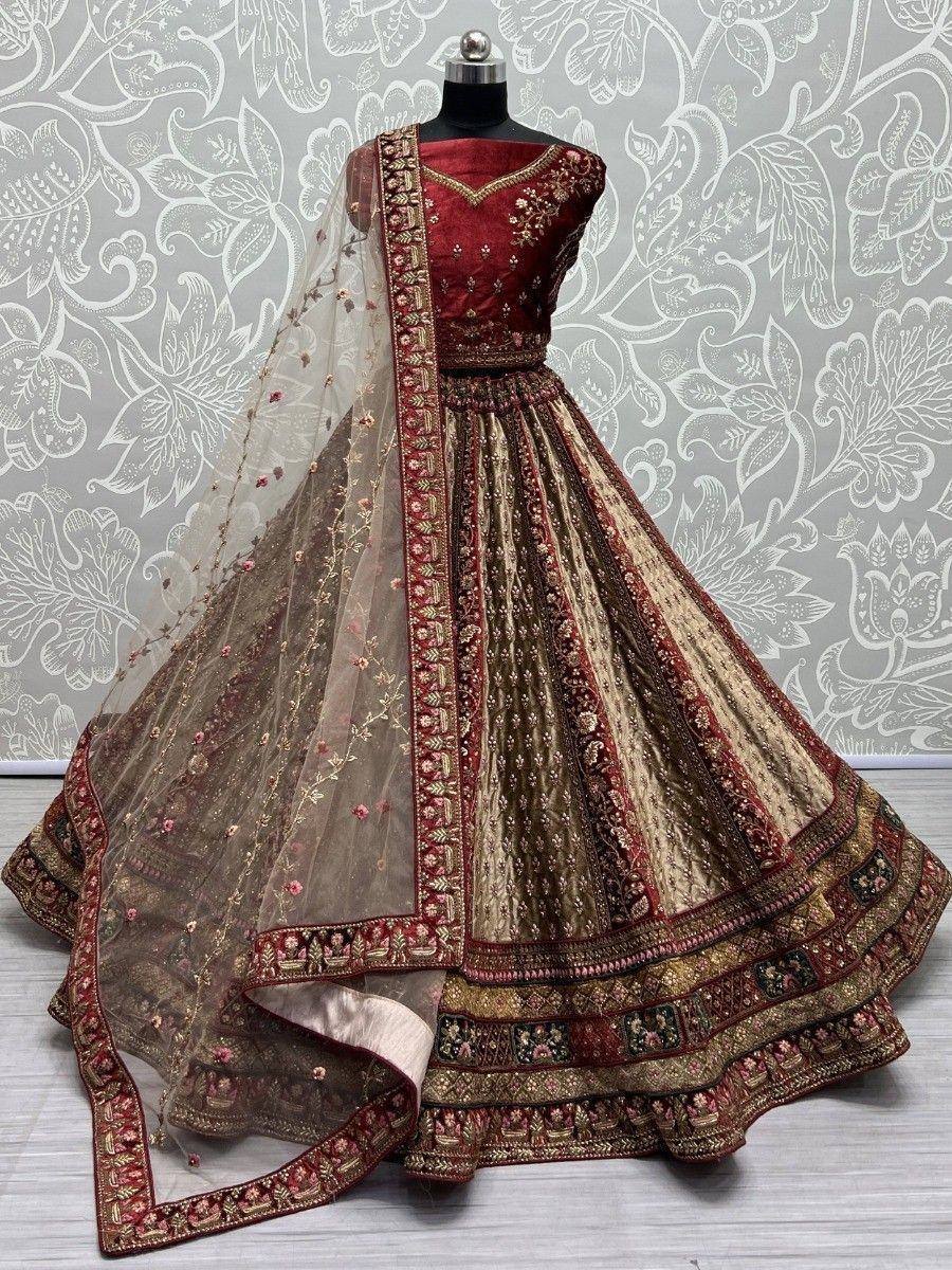 Maroon and gold designer lehenga choli with embroidered dupatta, ethnic Indian wedding wear