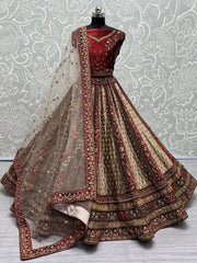 Attractive Beige & Maroon Dori Work Velvet Bridal Lehenga Choli