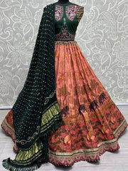 Adorable Peach Digital Printed Silk Traditional Lehenga Choli