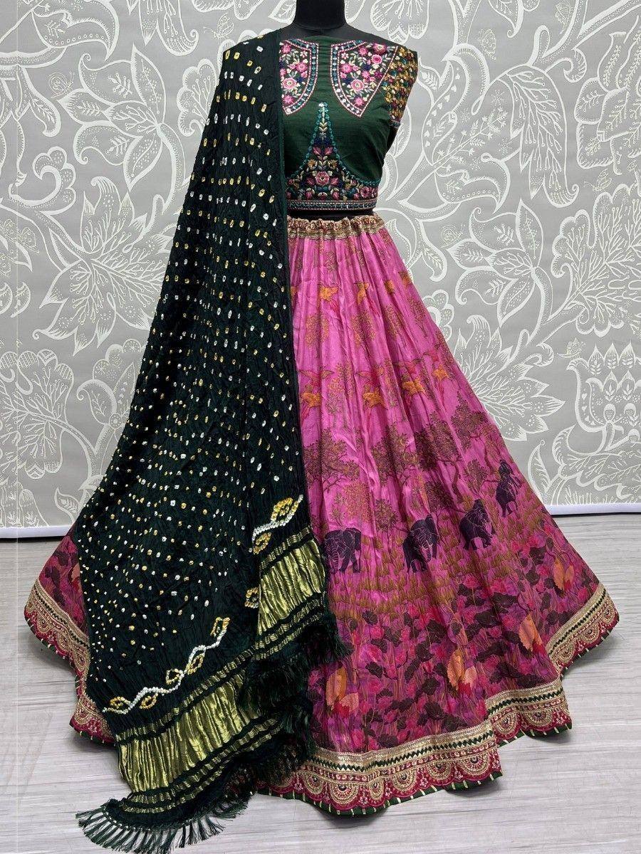 Pink floral lehenga with green embroidered blouse and black dotted dupatta, Indian ethnic wear