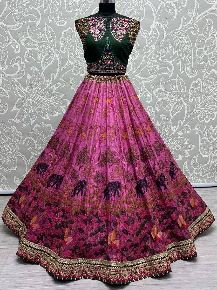 Pink and green embroidered lehenga choli with elephant print, perfect for Indian ethnic wear occasions