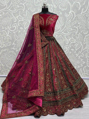 Stunning Rani Pink Dori Work Velvet Lehenga Choli With Double Dupatta