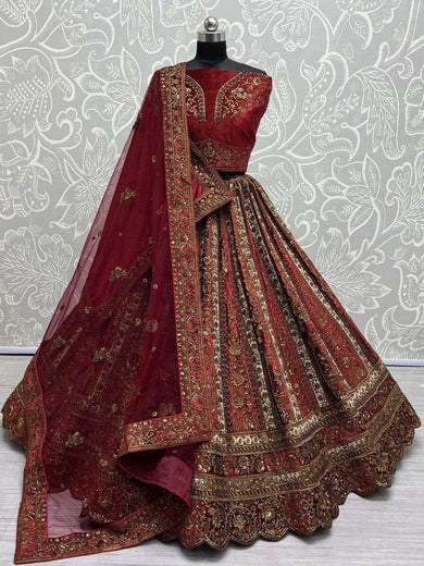 Beautiful Red Dori Work Velvet Bridal Lehenga Choli With Double Dupatta