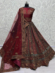 Cute Maroon Thread Work Velvet Lehenga Choli With Double Dupatta