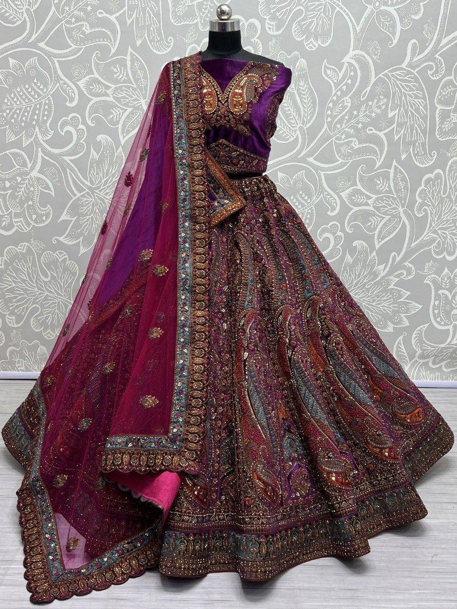 Purple and maroon designer lehenga choli with heavy embroidery and dupatta, ethnic Indian wear