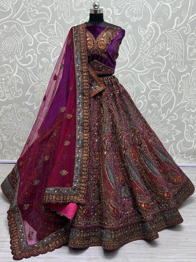 Adorable Purple Embroidered Velvet Lehenga Choli With Double Dupatta