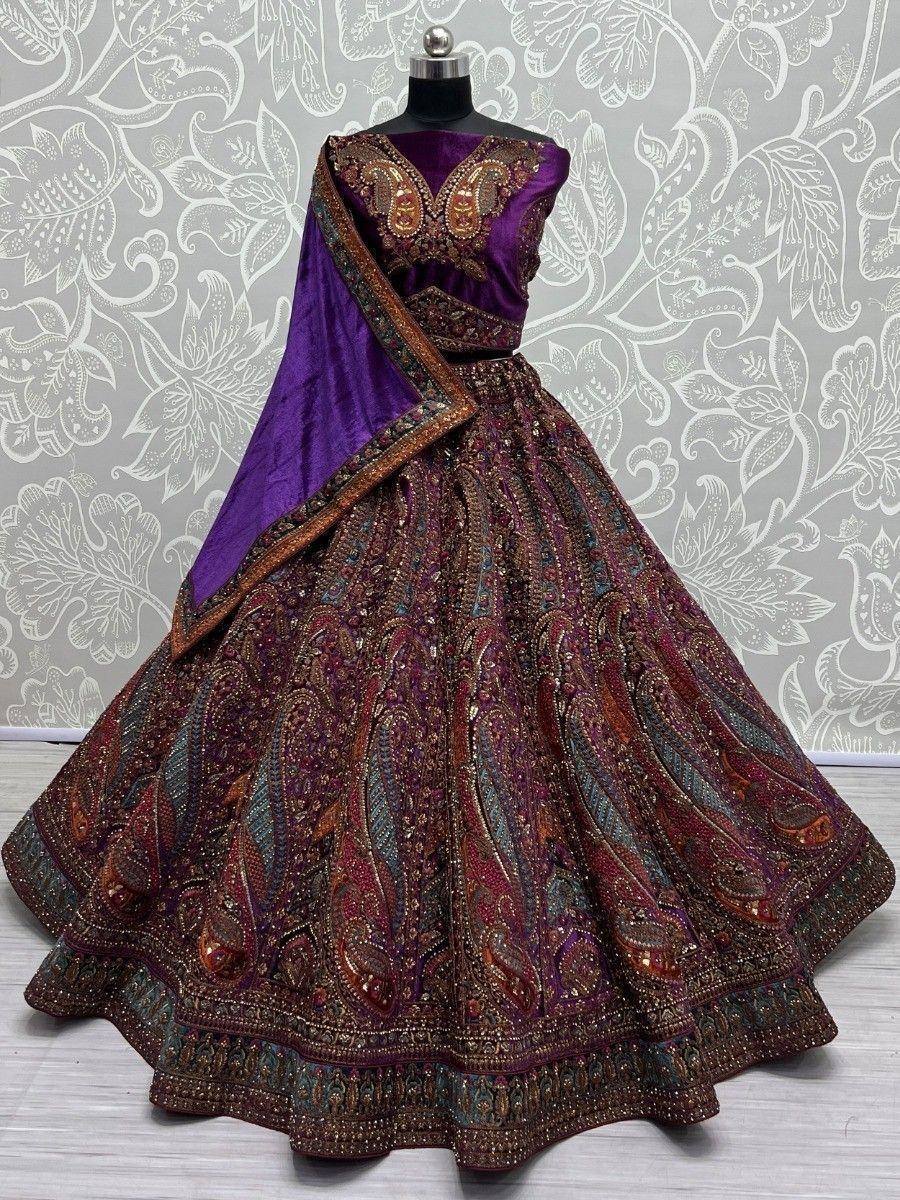 Purple and maroon embroidered lehenga choli with paisley design, perfect for Indian ethnic wear occasions.