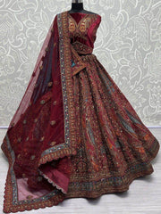 Precious Maroon Embroidered Velvet Lehenga Choli With Double Dupatta