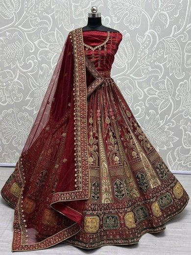 Majestic Maroon Embroidered Velvet Lehenga Choli With Double Dupatta