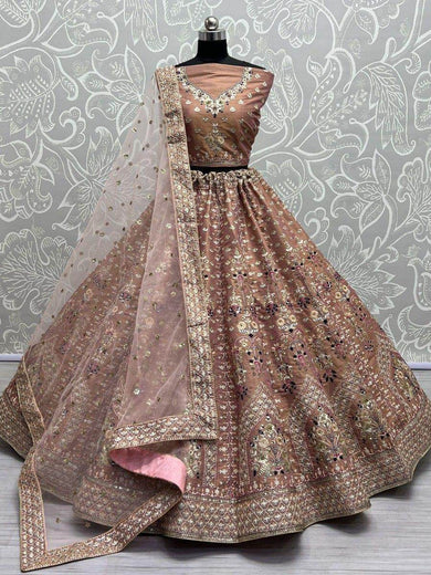 Astonishing Light Brown Multi-Thread Work Silk Wedding Lehenga Choli
