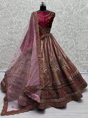 Alluring Pink Embroidered Velvet Lehenga Choli With Double Dupatta