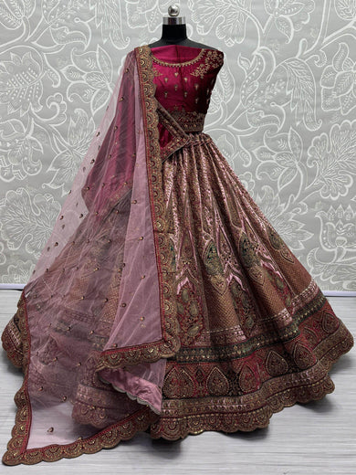 Alluring Pink Embroidered Velvet Lehenga Choli With Double Dupatta
