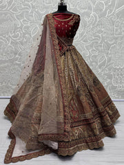 Pretty Maroon Dori Work Velvet Bridal Lehenga Choli With Double Dupatta