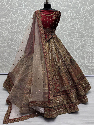 Pretty Maroon Dori Work Velvet Bridal Lehenga Choli With Double Dupatta