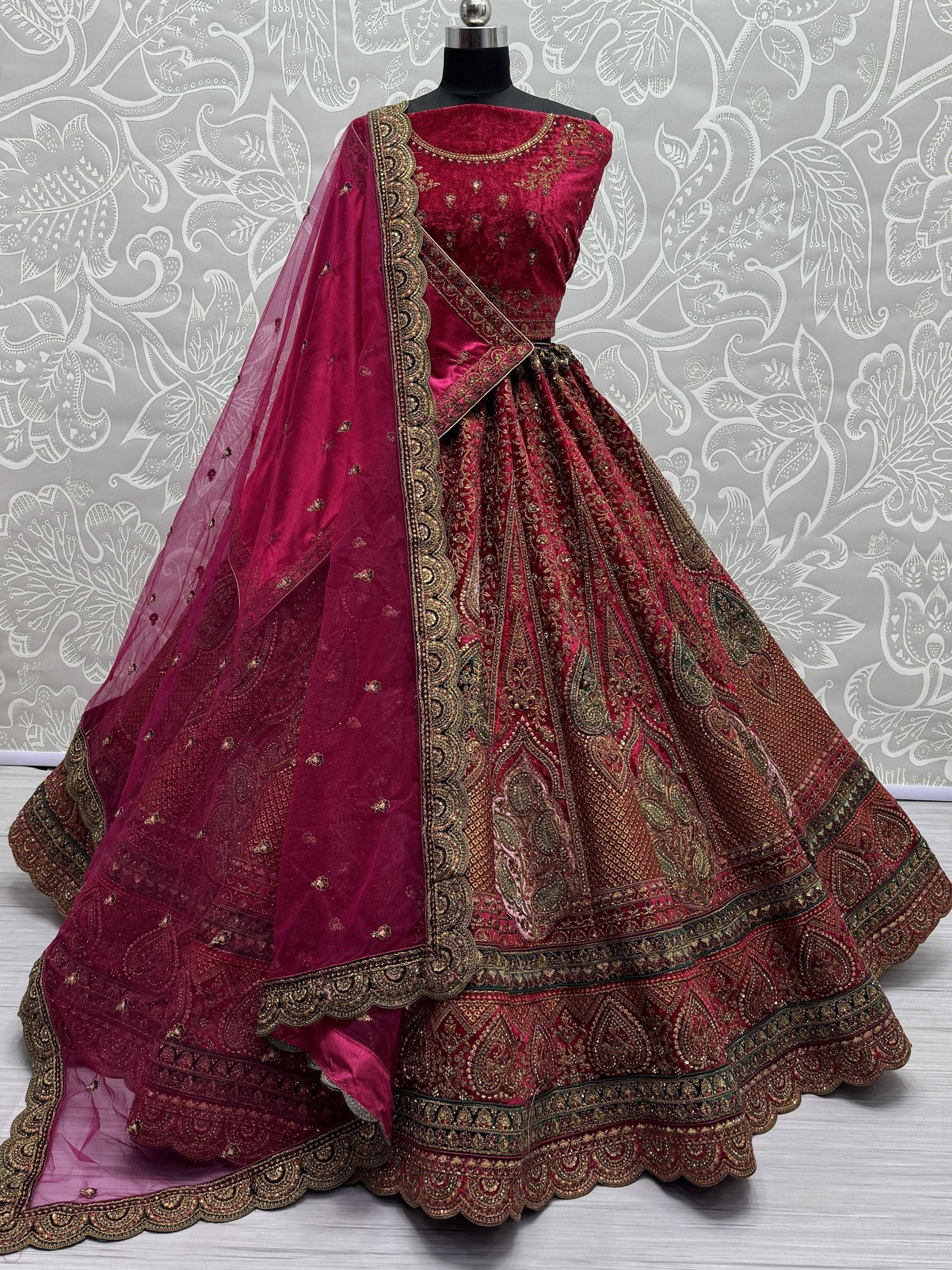 Burgundy velvet lehenga choli with gold embroidery and matching dupatta, Indian ethnic wear