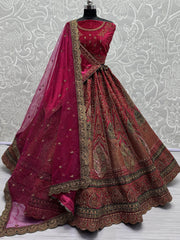 Lovable Rani Pink Embroidered Velvet Lehenga Choli With Double Dupatta