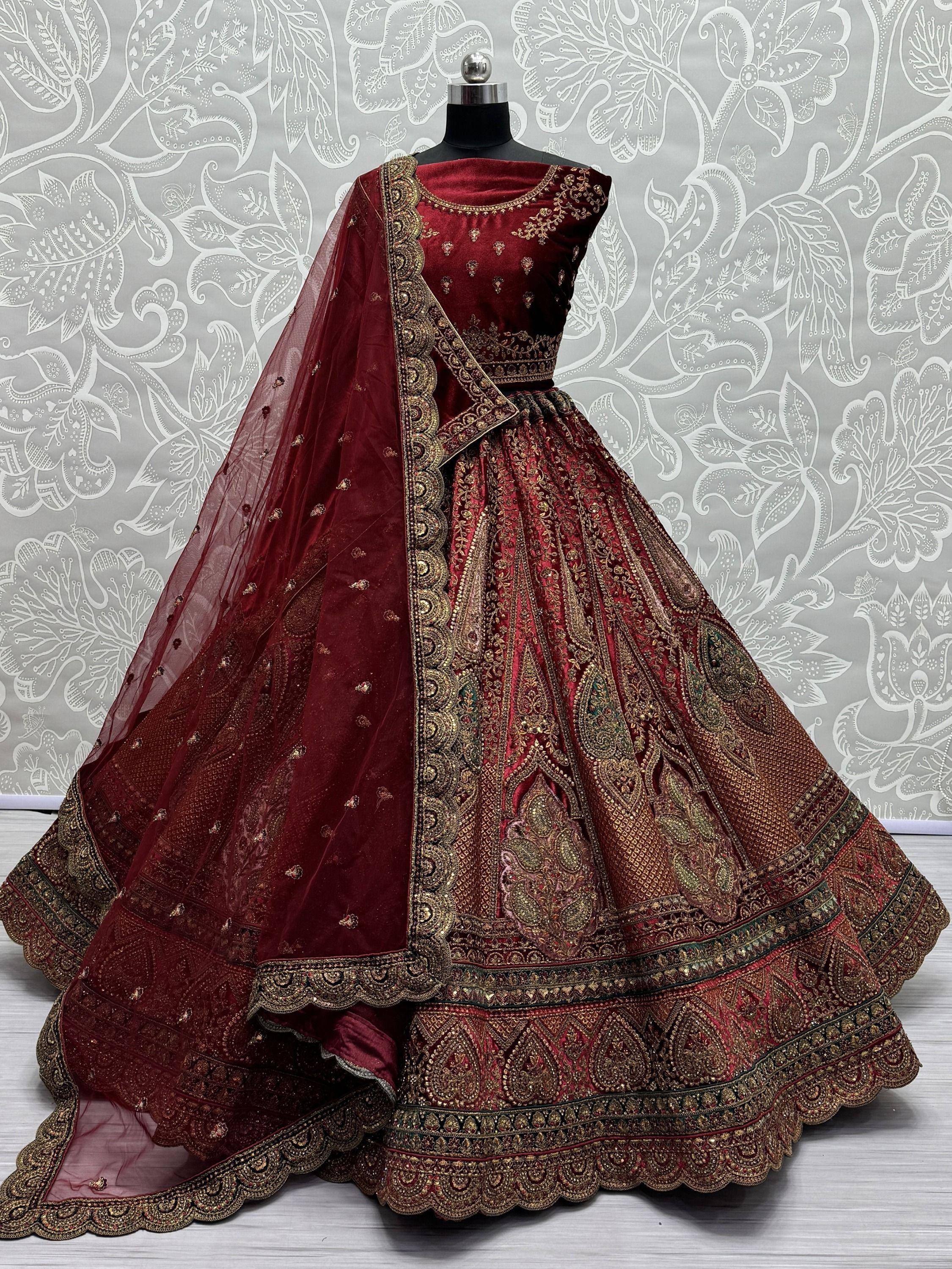 Maroon velvet lehenga choli with gold embroidery and sheer dupatta, Indian ethnic wear