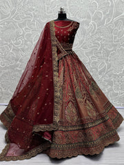 Great Maroon Dori Work Velvet Bridal Lehenga Choli With Double Dupatta