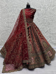 Elegant Maroon Embroidered Velvet Lehenga Choli With Double Dupatta