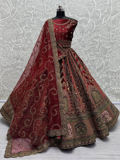 Elegant Maroon Embroidered Velvet Lehenga Choli With Double Dupatta