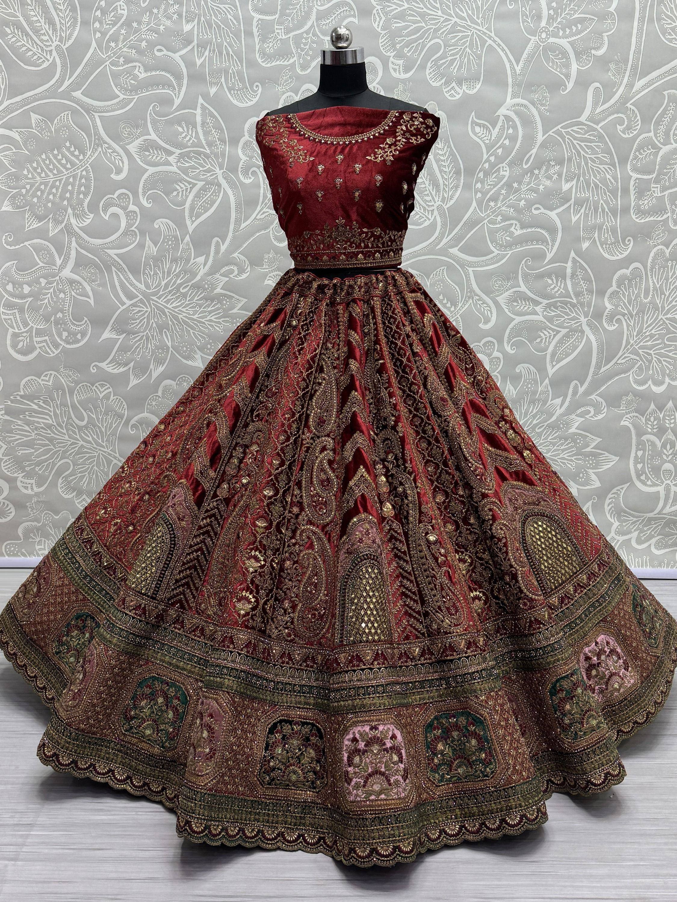 Maroon velvet lehenga choli with gold embroidery, Indian ethnic wear for weddings