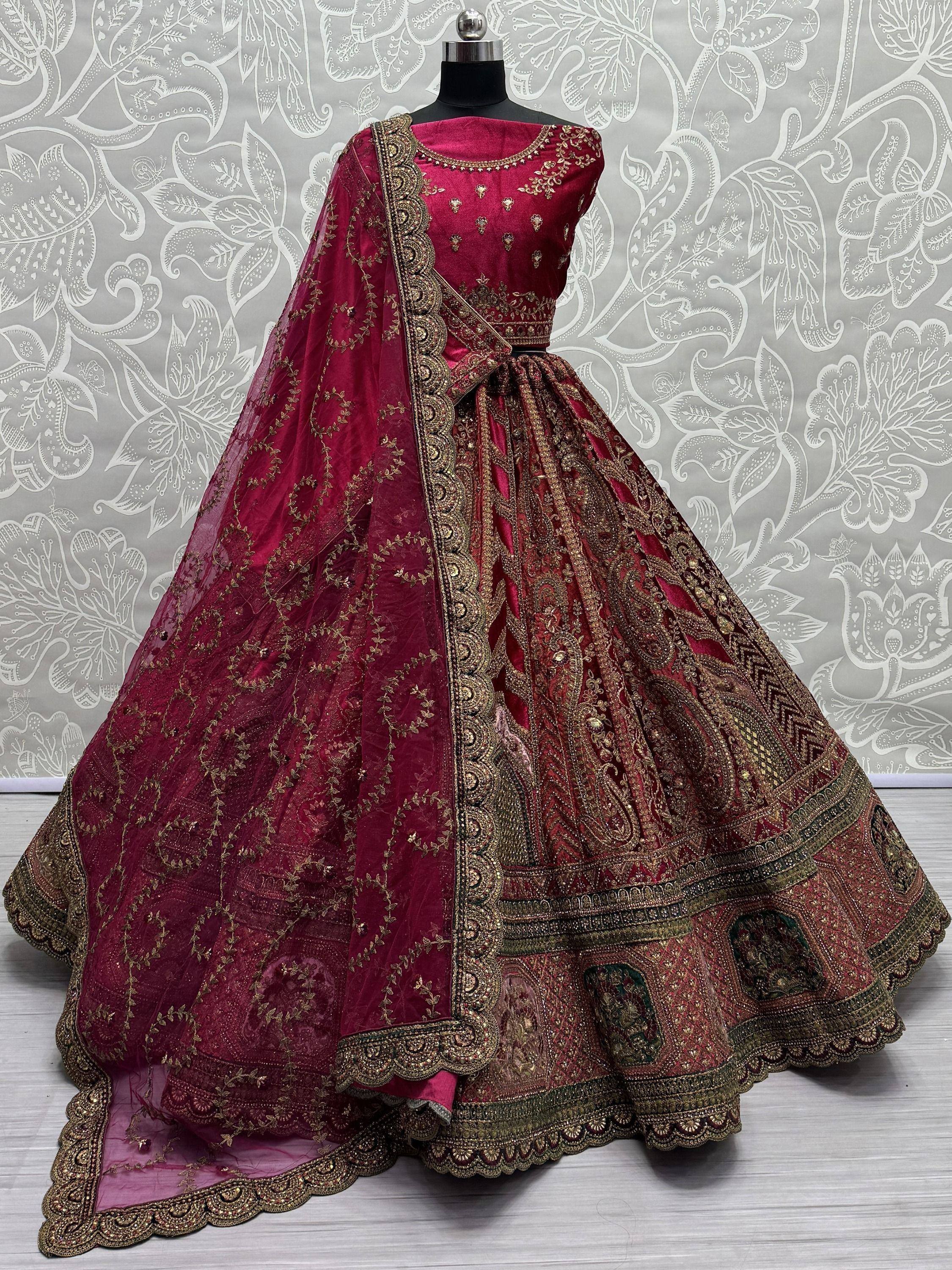 Burgundy designer lehenga choli with gold embroidery and matching dupatta, Indian ethnic wear